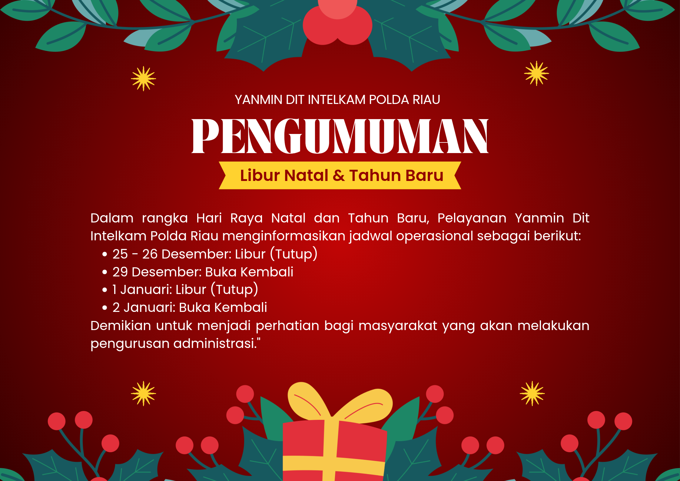 JADWAL PELAYANAN LIBUR NATAL & TAHUN BARU